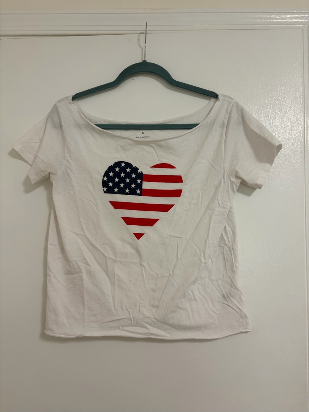 Aeropostale White Short Sleeve Tee with Red and Blue Heart Flag